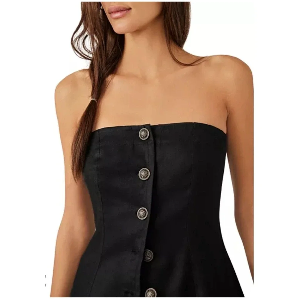 Free People‎ Corset Top Womens 8 Black Strapless Button Down Linen Blend